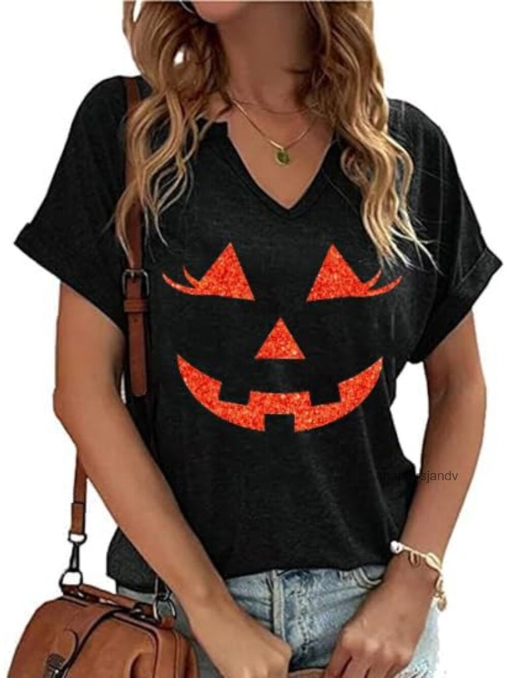 Women's V-Neck Halloween Pumpkin Graphic T-Shirt Short Sleeve Fall Thanksgiving